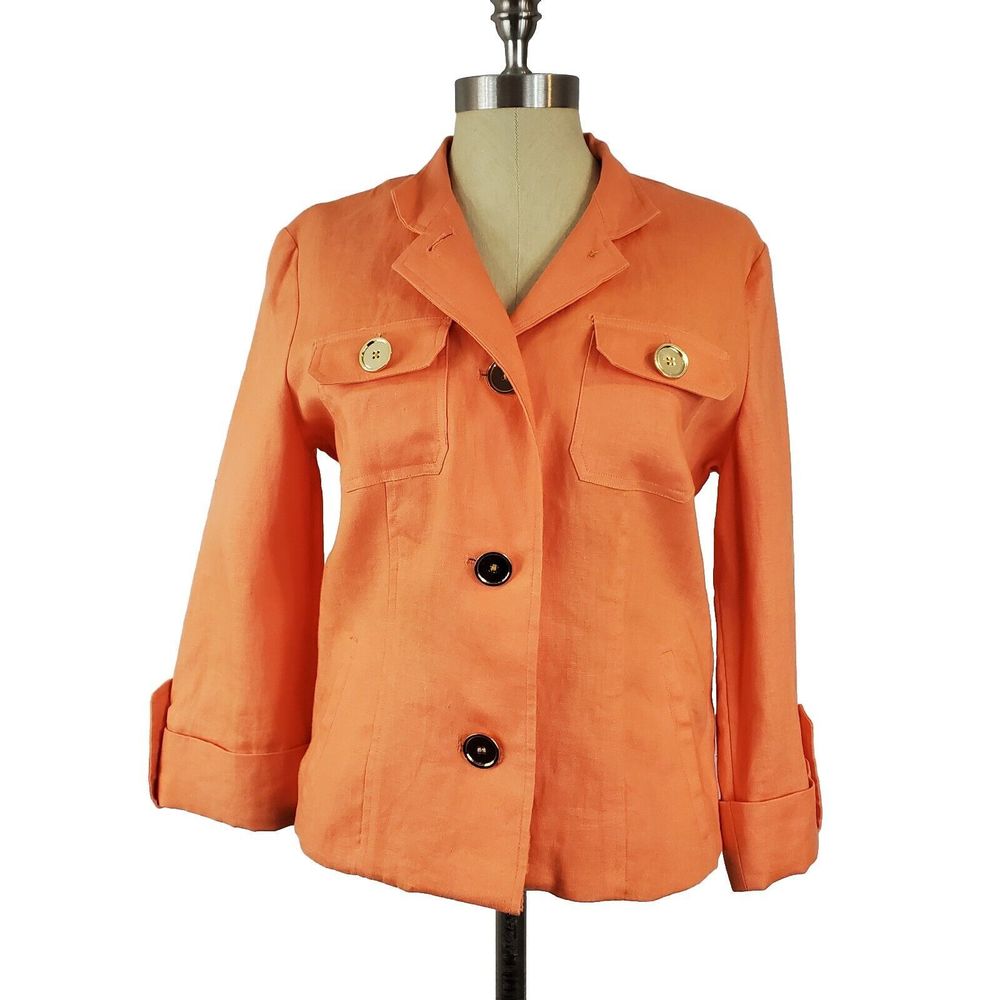 Jones New York 100% Linen Blazer Jacket Orange Sz M Button up Collar